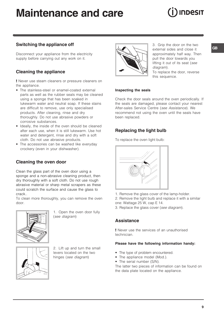 Maintenance and care | Indesit 7OFIM-20-K.A-IX User Manual | Page 9 / 20