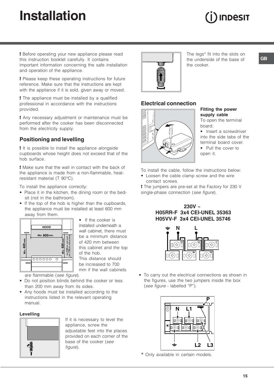 Installation, Positioning and levelling, Electrical connection | Indesit KN6C517(W)-RU User Manual | Page 15 / 40