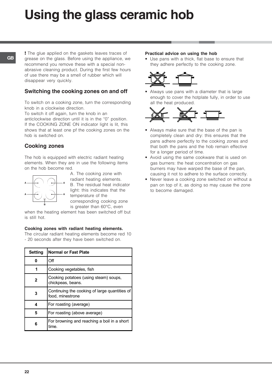 Using the glass ceramic hob, Switching the cooking zones on and off, Cooking zones | Indesit KN6C517(W)-RU User Manual | Page 22 / 40
