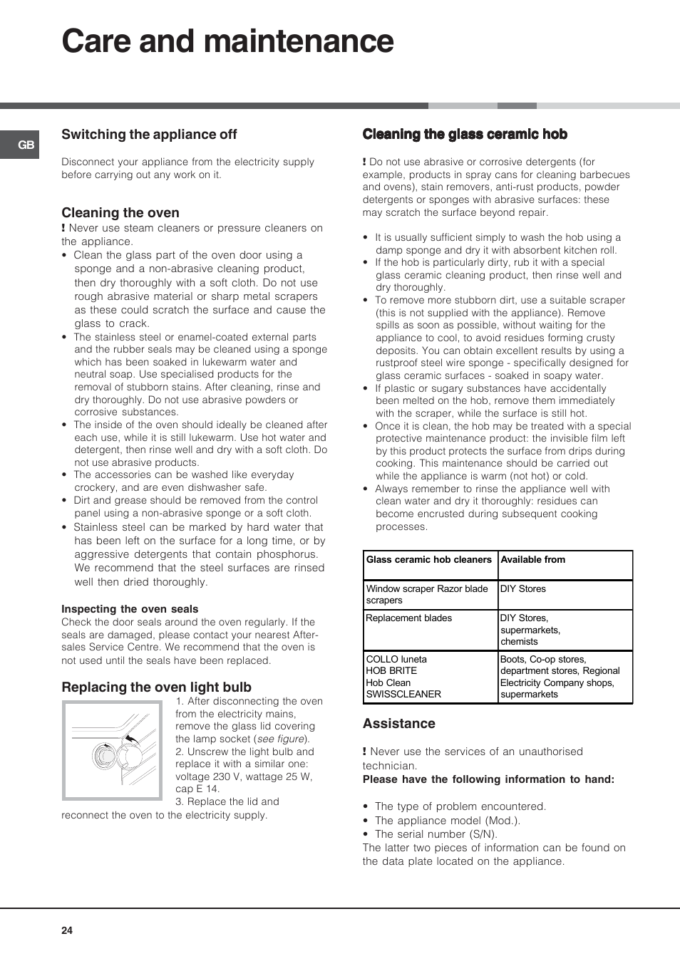 Care and maintenance, Switching the appliance off, Cleaning the oven | Replacing the oven light bulb, Cleaning the glass ceramic hob, Assistance | Indesit KN6C517(W)-RU User Manual | Page 24 / 40