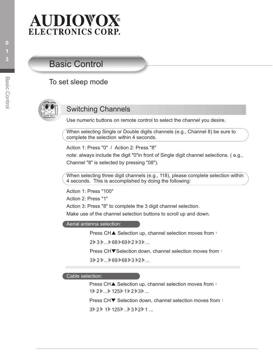 Basic control, T o set sleep mode switching channels | Audiovox FP1500 User Manual | Page 16 / 44