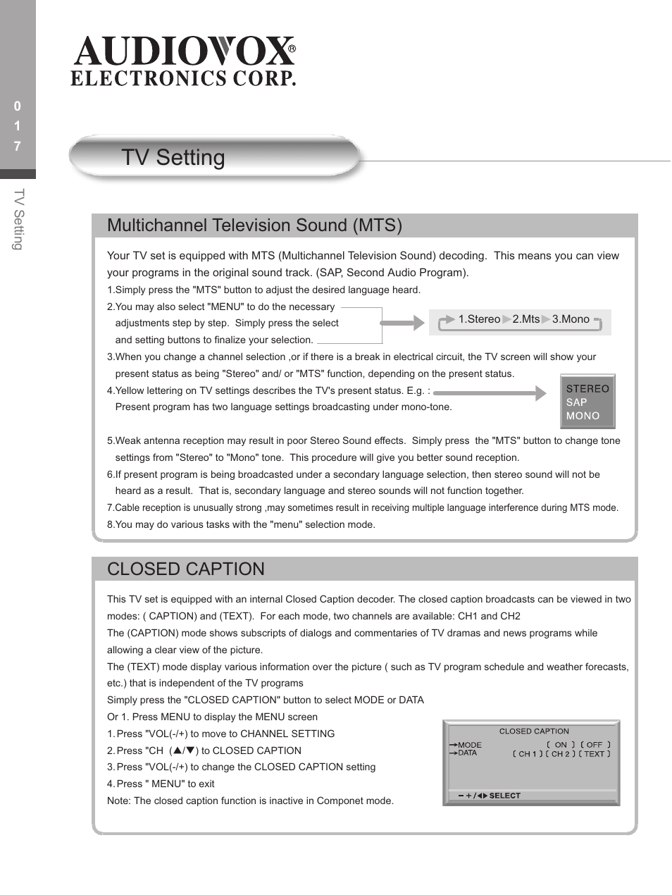 Tv setting, Multichannel t elevision sound (mts), Closed caption | Audiovox FP1500 User Manual | Page 20 / 44