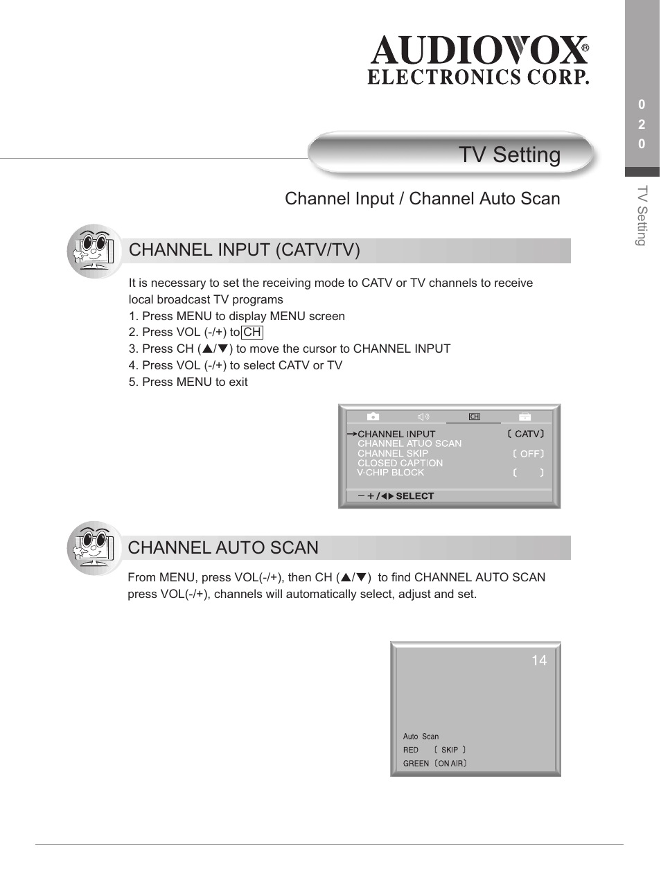 Tv setting, Channel aut o scan | Audiovox FP1500 User Manual | Page 23 / 44