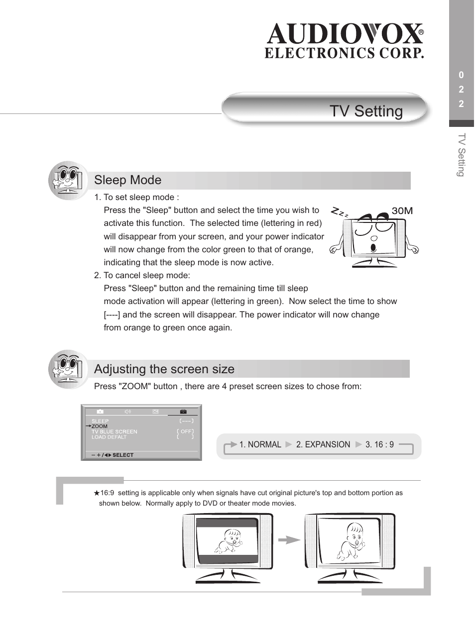 Tv setting, Adjusting the screen size, Sleep mode | Audiovox FP1500 User Manual | Page 25 / 44