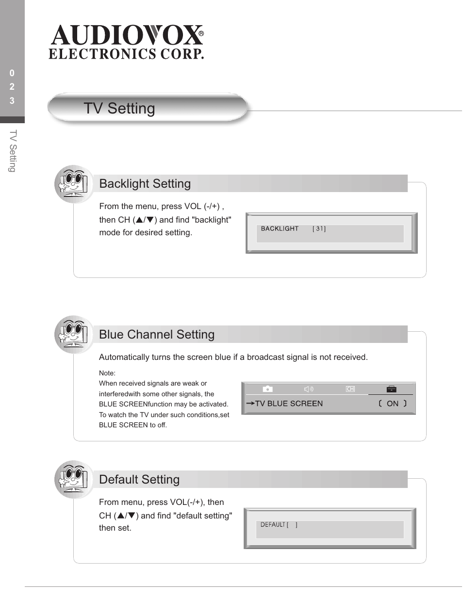 Tv setting, Backlight setting, Blue channel setting | Default setting | Audiovox FP1500 User Manual | Page 26 / 44