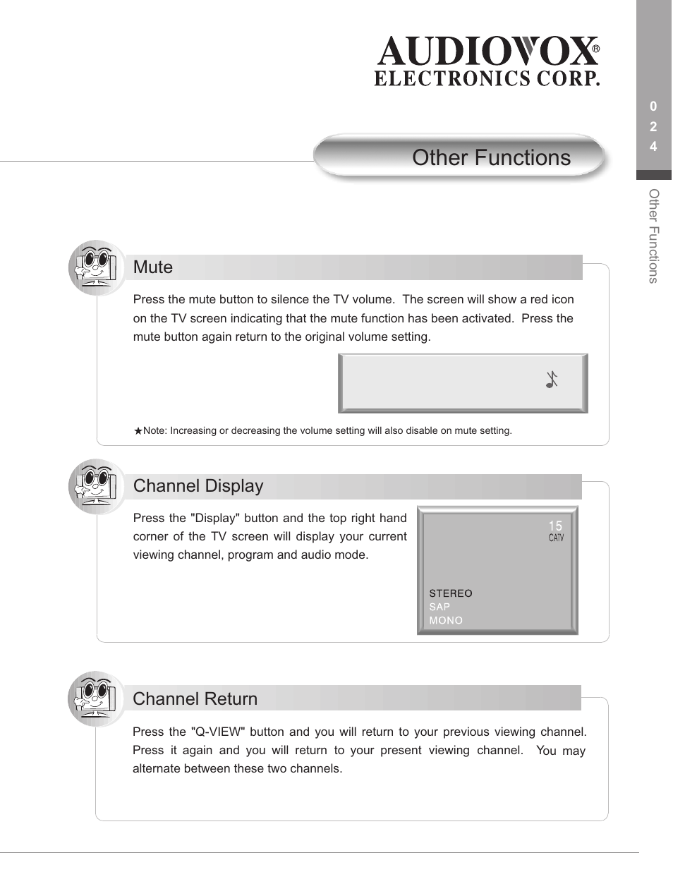Other functions, Mute, Channel display | Channel return | Audiovox FP1500 User Manual | Page 27 / 44