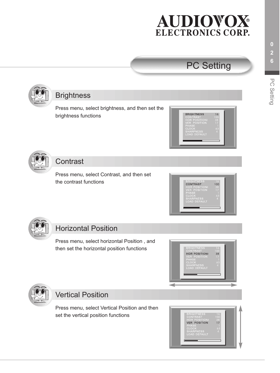 Pc setting, Brightness, Contrast | Horizontal position, V ertical position | Audiovox FP1500 User Manual | Page 29 / 44