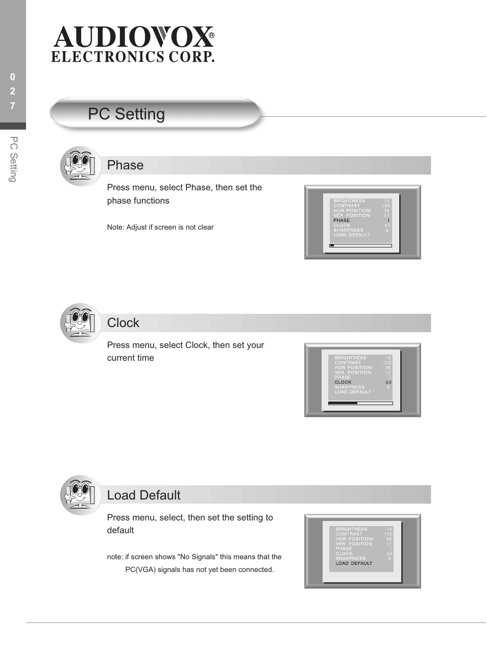 Pc setting, Phase, Clock | Load default | Audiovox FP1500 User Manual | Page 30 / 44