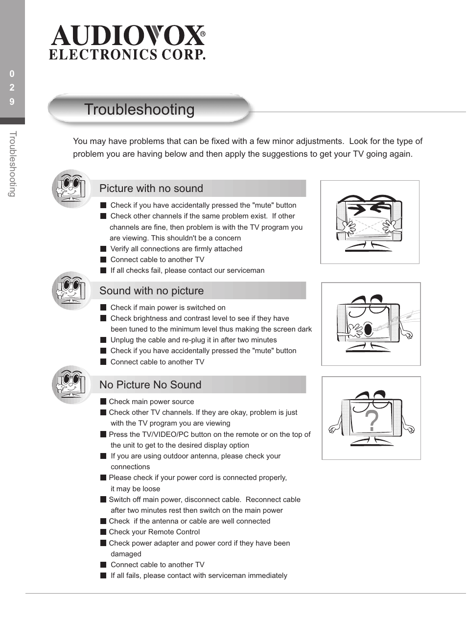 T roubleshooting, Picture with no sound, Sound with no picture | No picture no sound | Audiovox FP1500 User Manual | Page 32 / 44