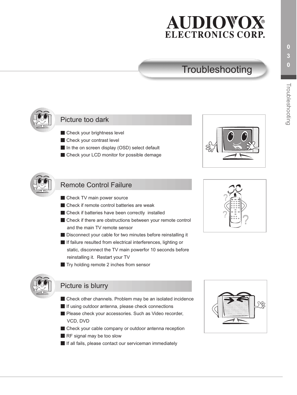 T roubleshooting, Picture too dark, Remote control failure | Picture is blurry | Audiovox FP1500 User Manual | Page 33 / 44