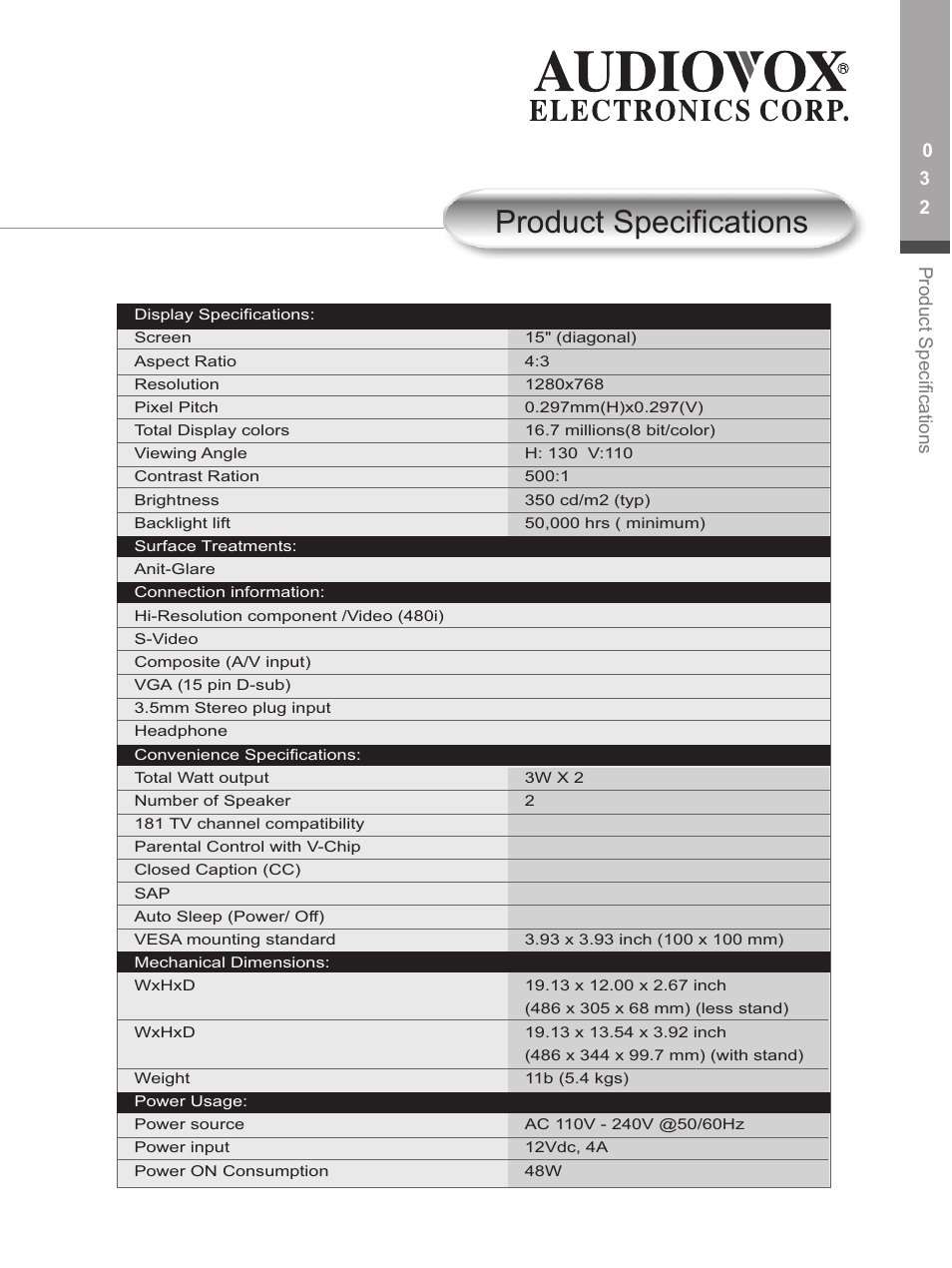 Product specifications | Audiovox FP1500 User Manual | Page 35 / 44