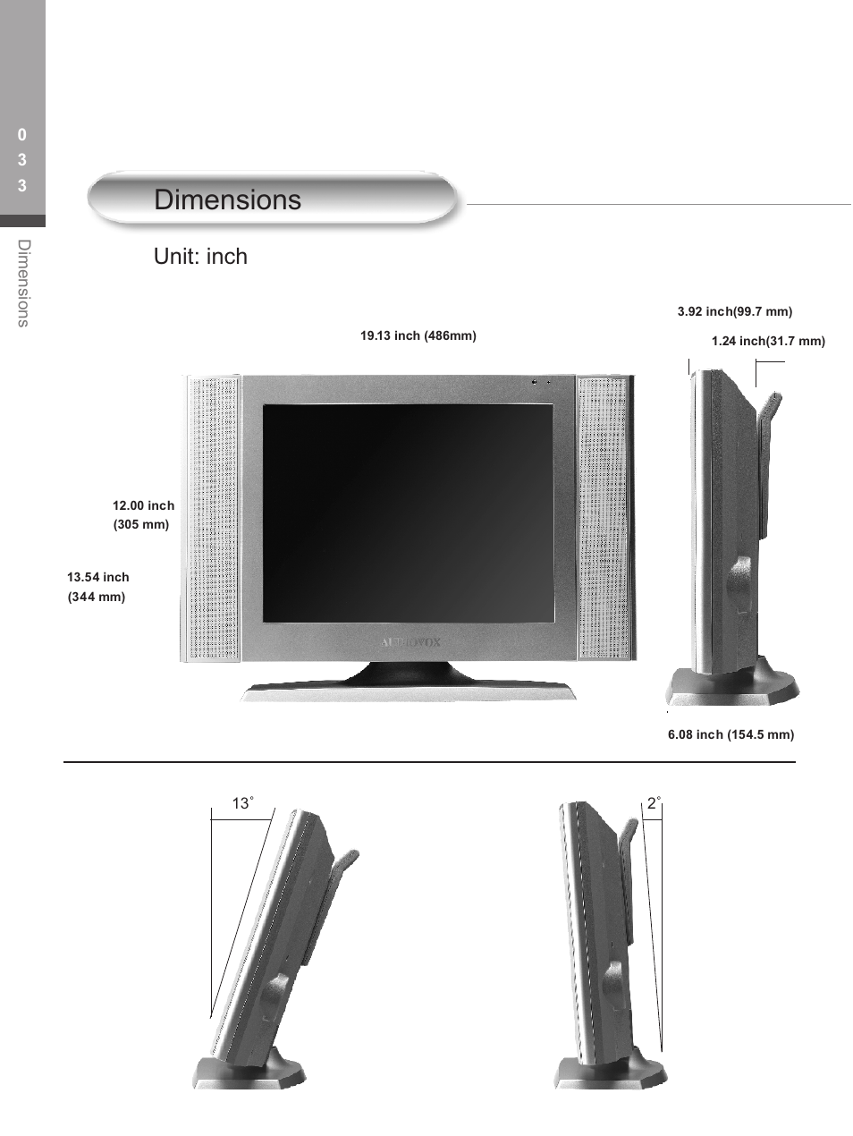 Dimensions, Unit: inch | Audiovox FP1500 User Manual | Page 36 / 44