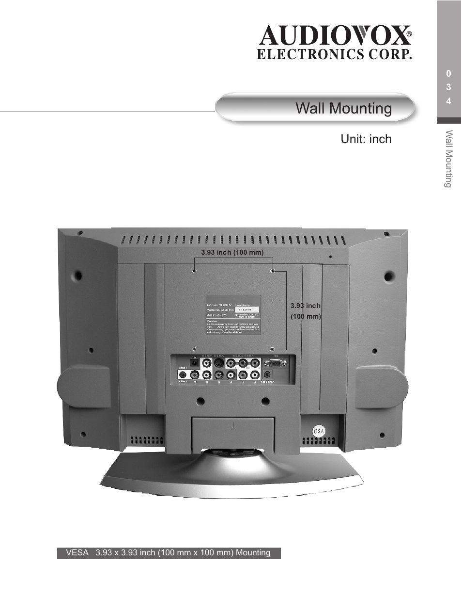 W all mounting, Unit: inch | Audiovox FP1500 User Manual | Page 37 / 44