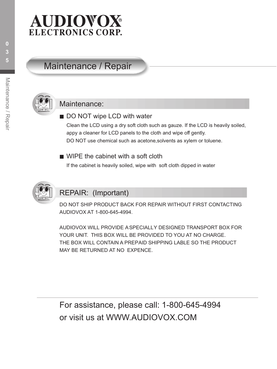 Maintenance / repair, Maintenance, Rep air: (important) | Audiovox FP1500 User Manual | Page 38 / 44