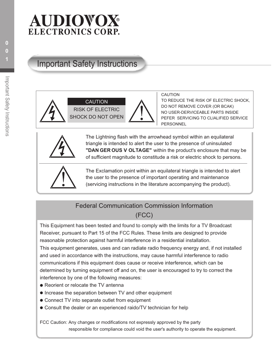Important safety instructions, Federal communication commission information (fcc) | Audiovox FP1500 User Manual | Page 4 / 44