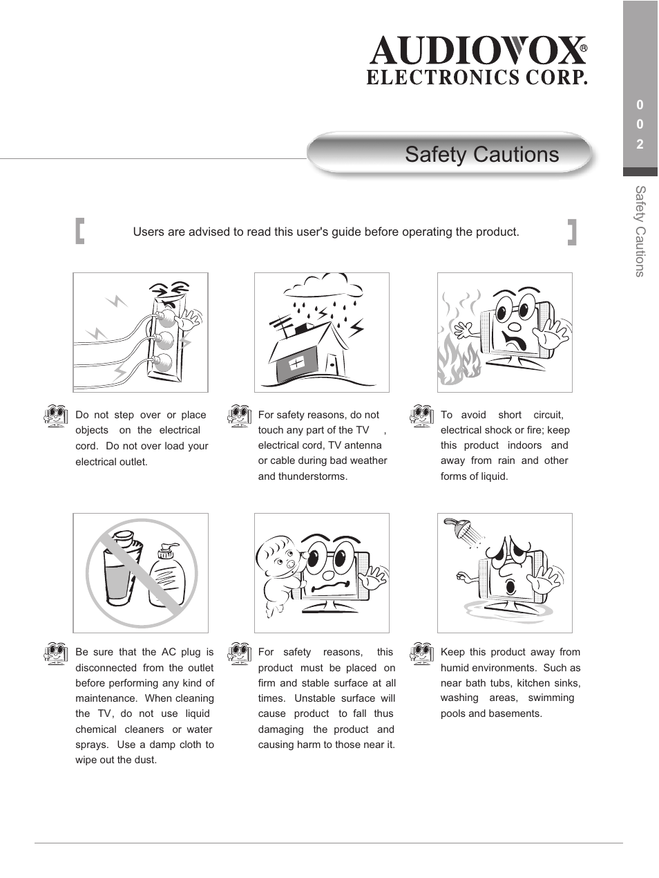 Safety cautions | Audiovox FP1500 User Manual | Page 5 / 44
