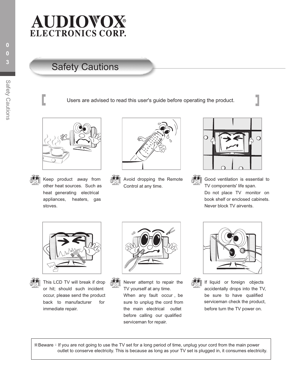 Safety cautions | Audiovox FP1500 User Manual | Page 6 / 44