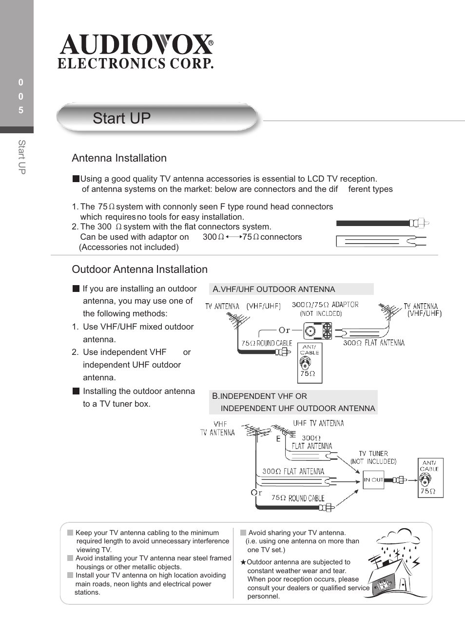 Start up, Antenna installation, Outdoor antenna installation | Audiovox FP1500 User Manual | Page 8 / 44