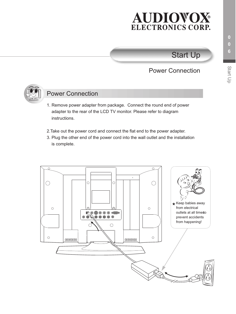 Start up, Power connection | Audiovox FP1500 User Manual | Page 9 / 44