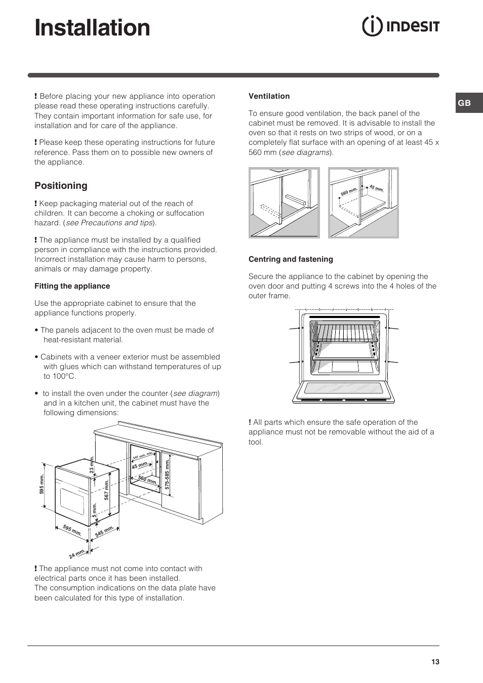 Installation, Positioning | Indesit FI-51.A-(BK) User Manual | Page 13 / 72