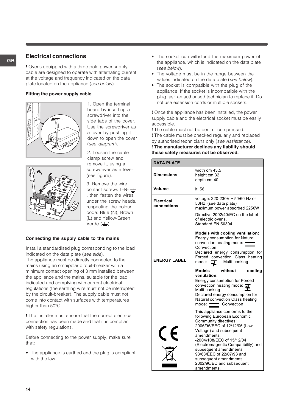 Electrical connections | Indesit FI-51.A-(BK) User Manual | Page 14 / 72