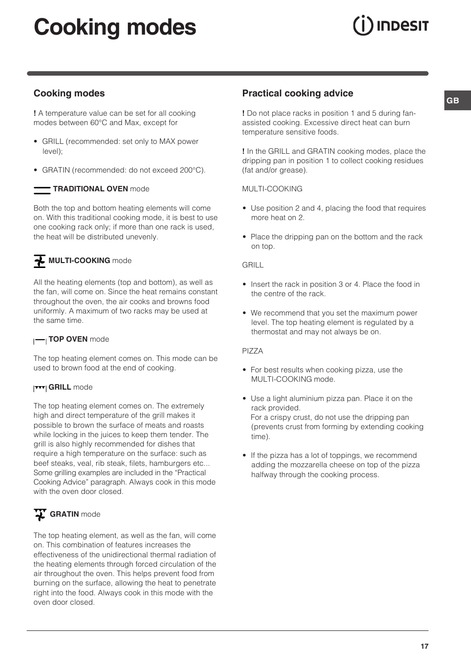 Cooking modes | Indesit FI-51.A-(BK) User Manual | Page 17 / 72