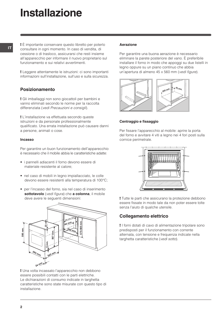 Installazione, Posizionamento, Collegamento elettrico | Indesit FI-51.A-(BK) User Manual | Page 2 / 72