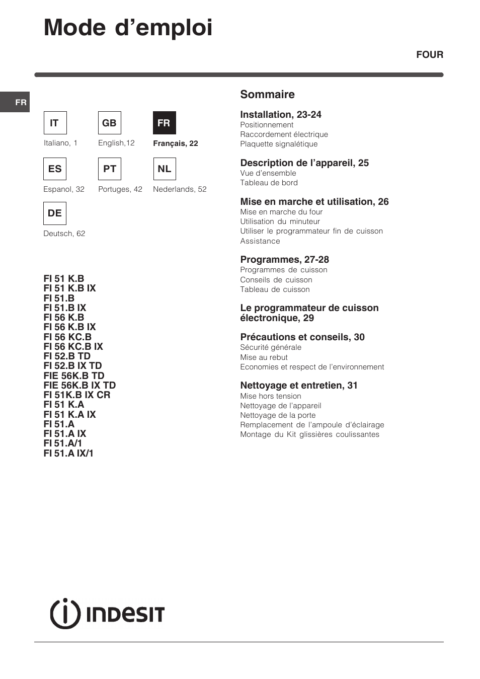 Mode d’emploi, Sommaire | Indesit FI-51.A-(BK) User Manual | Page 22 / 72