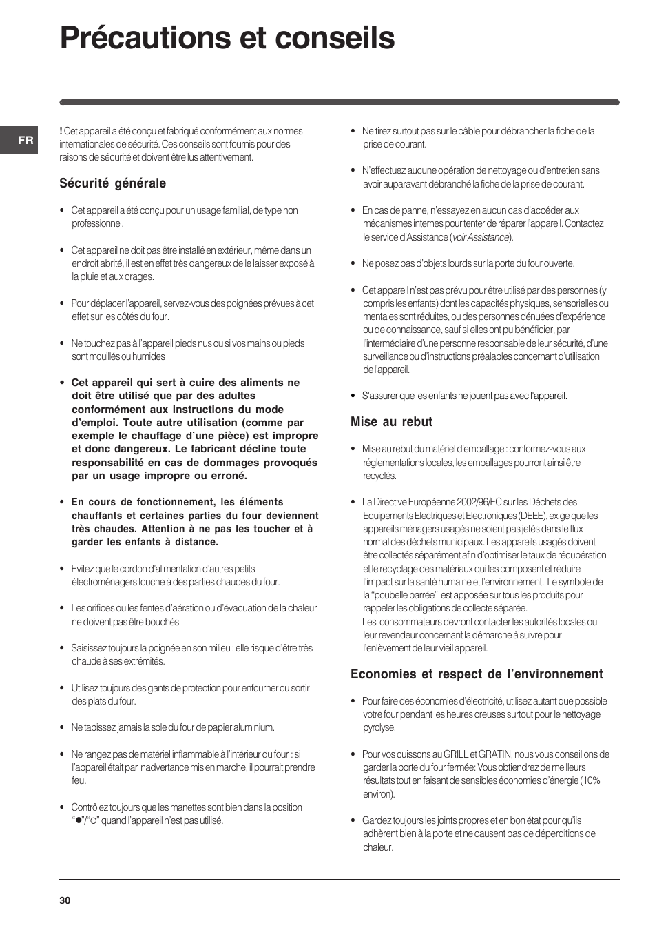 Précautions et conseils | Indesit FI-51.A-(BK) User Manual | Page 30 / 72