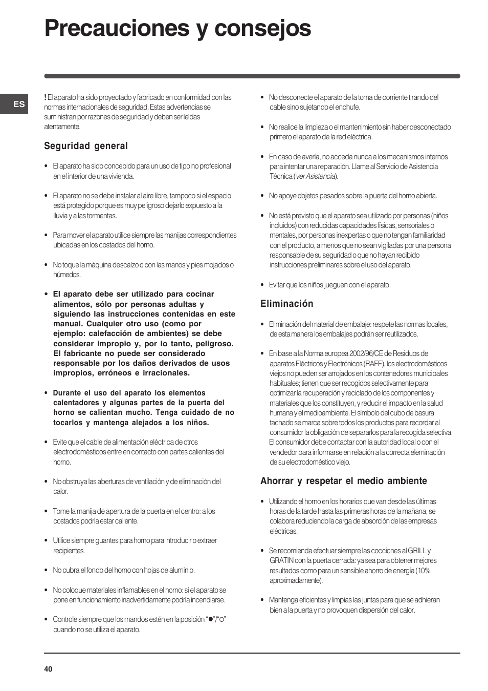 Precauciones y consejos | Indesit FI-51.A-(BK) User Manual | Page 40 / 72