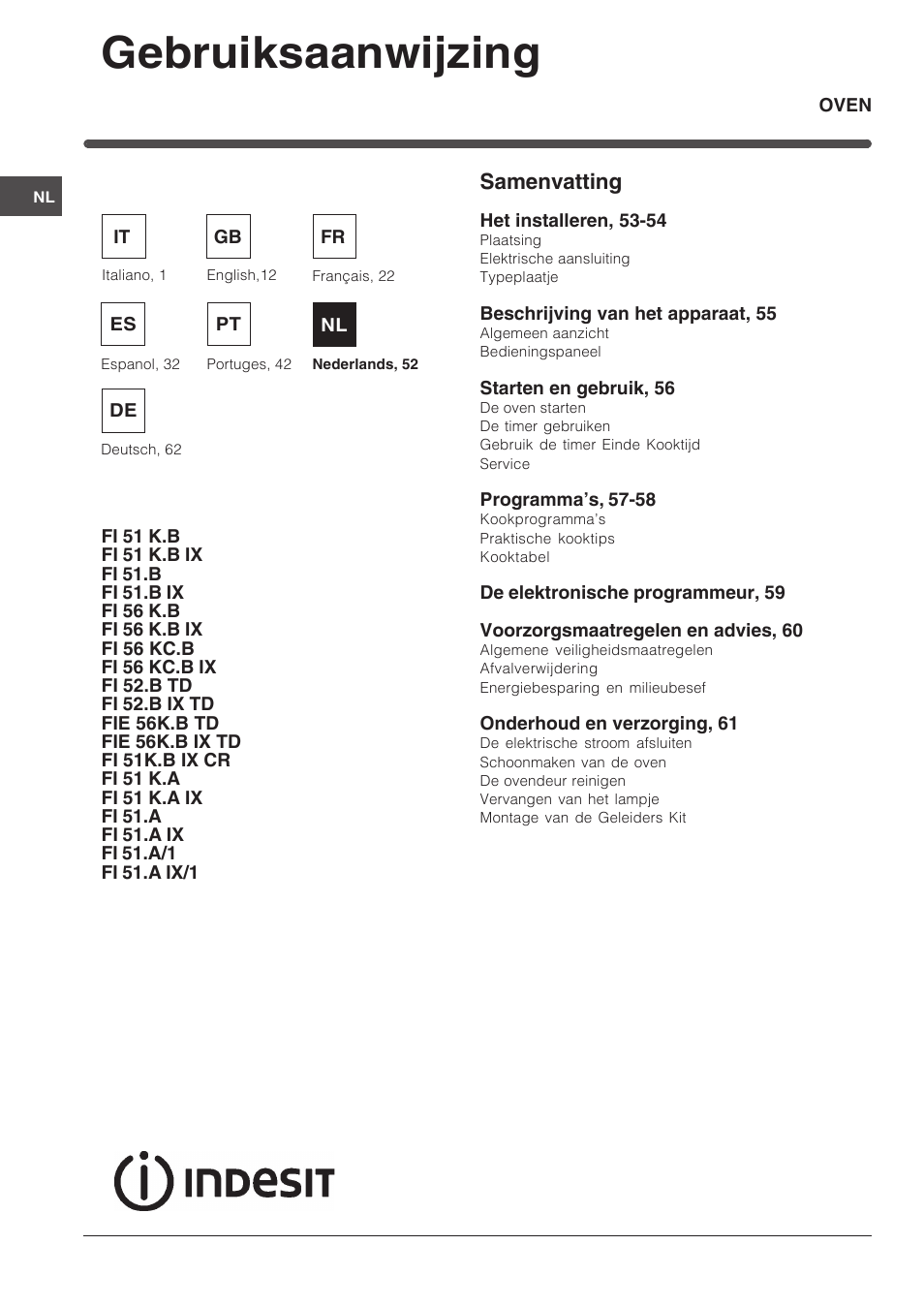 Gebruiksaanwijzing, Samenvatting | Indesit FI-51.A-(BK) User Manual | Page 52 / 72