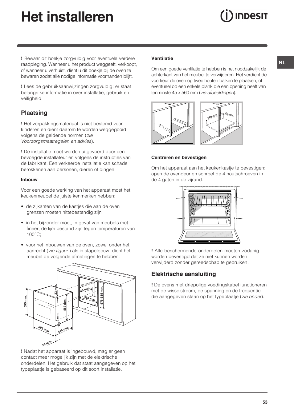 Het installeren, Plaatsing, Elektrische aansluiting | Indesit FI-51.A-(BK) User Manual | Page 53 / 72
