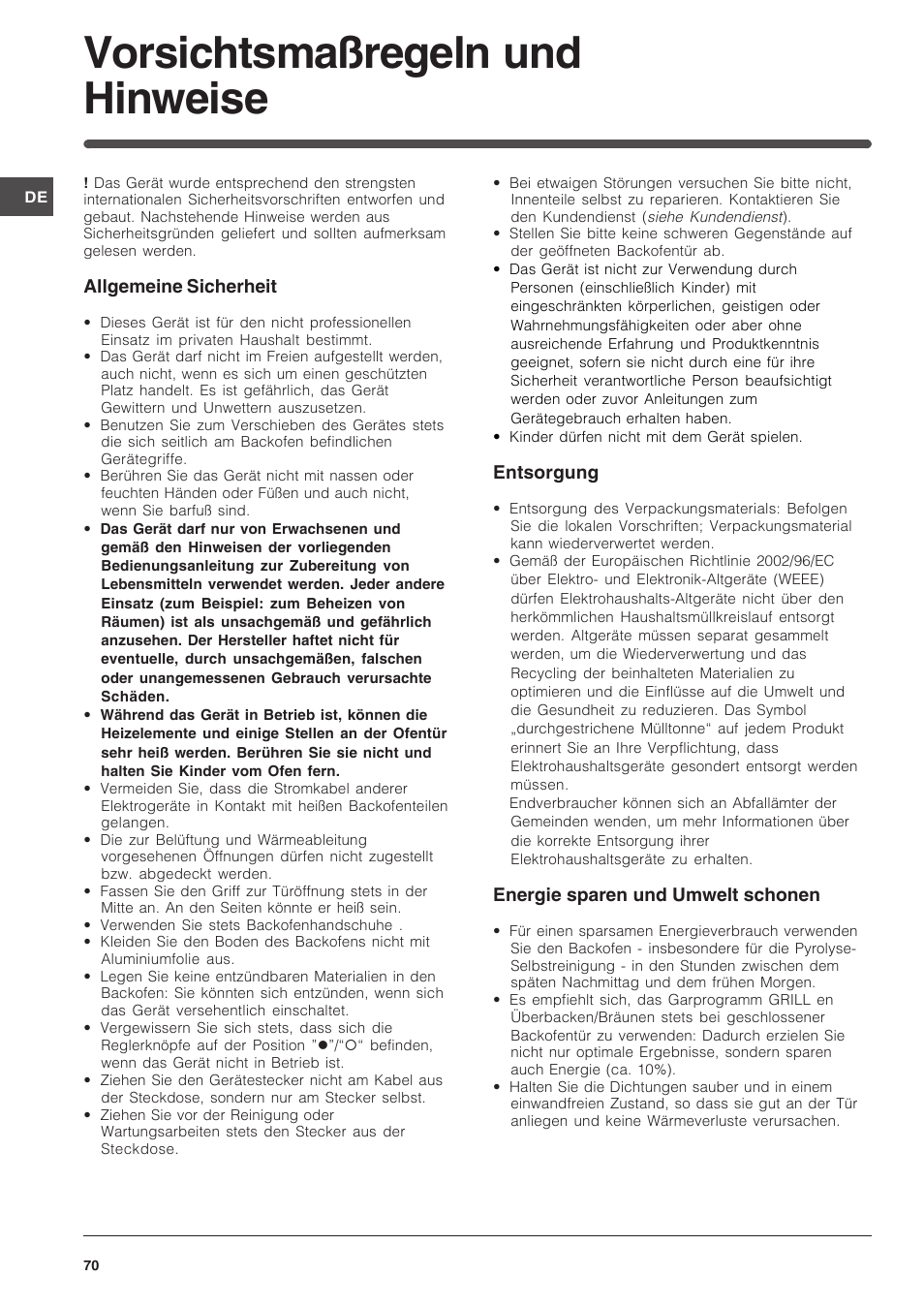 Vorsichtsmaßregeln und hinweise | Indesit FI-51.A-(BK) User Manual | Page 70 / 72