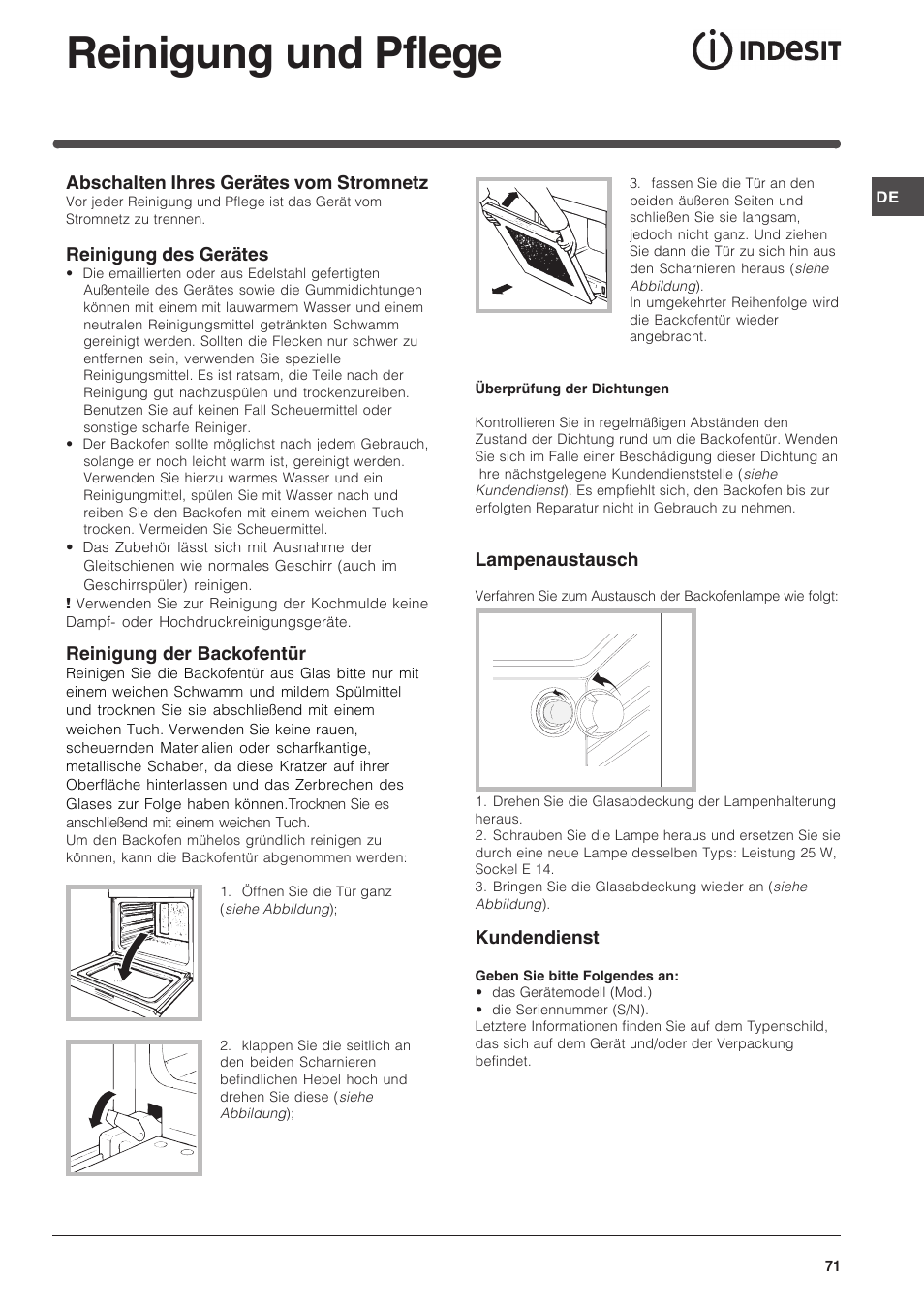 Reinigung und pflege | Indesit FI-51.A-(BK) User Manual | Page 71 / 72