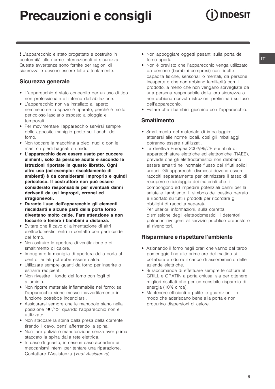 Precauzioni e consigli | Indesit FI-51.A-(BK) User Manual | Page 9 / 72