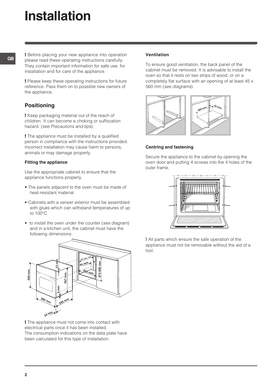 Installation, Positioning | Indesit 7OFIMS-53-K.A-IX User Manual | Page 2 / 20