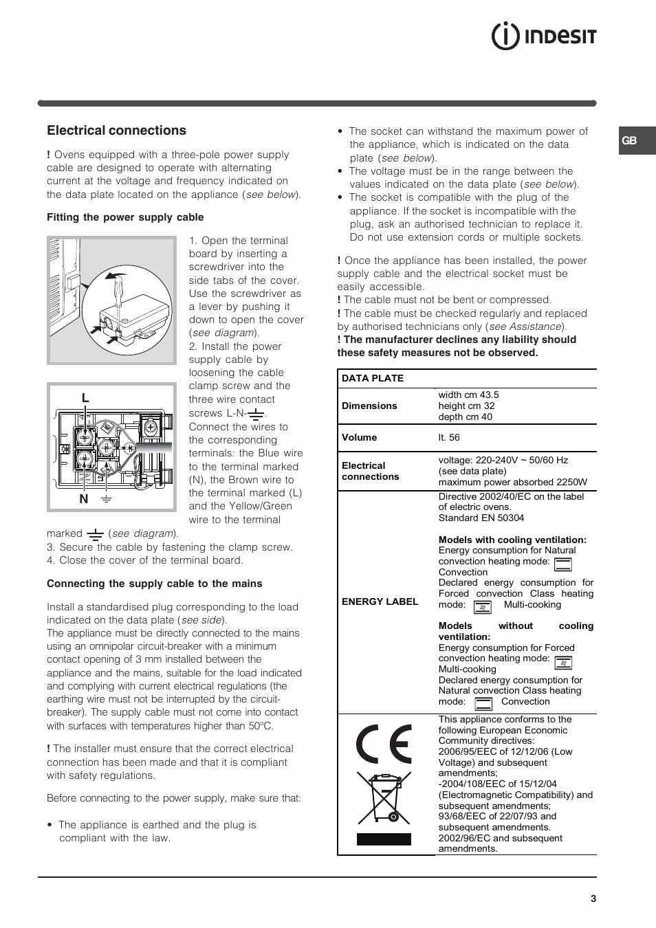 Electrical connections | Indesit 7OFIMS-53-K.A-IX User Manual | Page 3 / 20