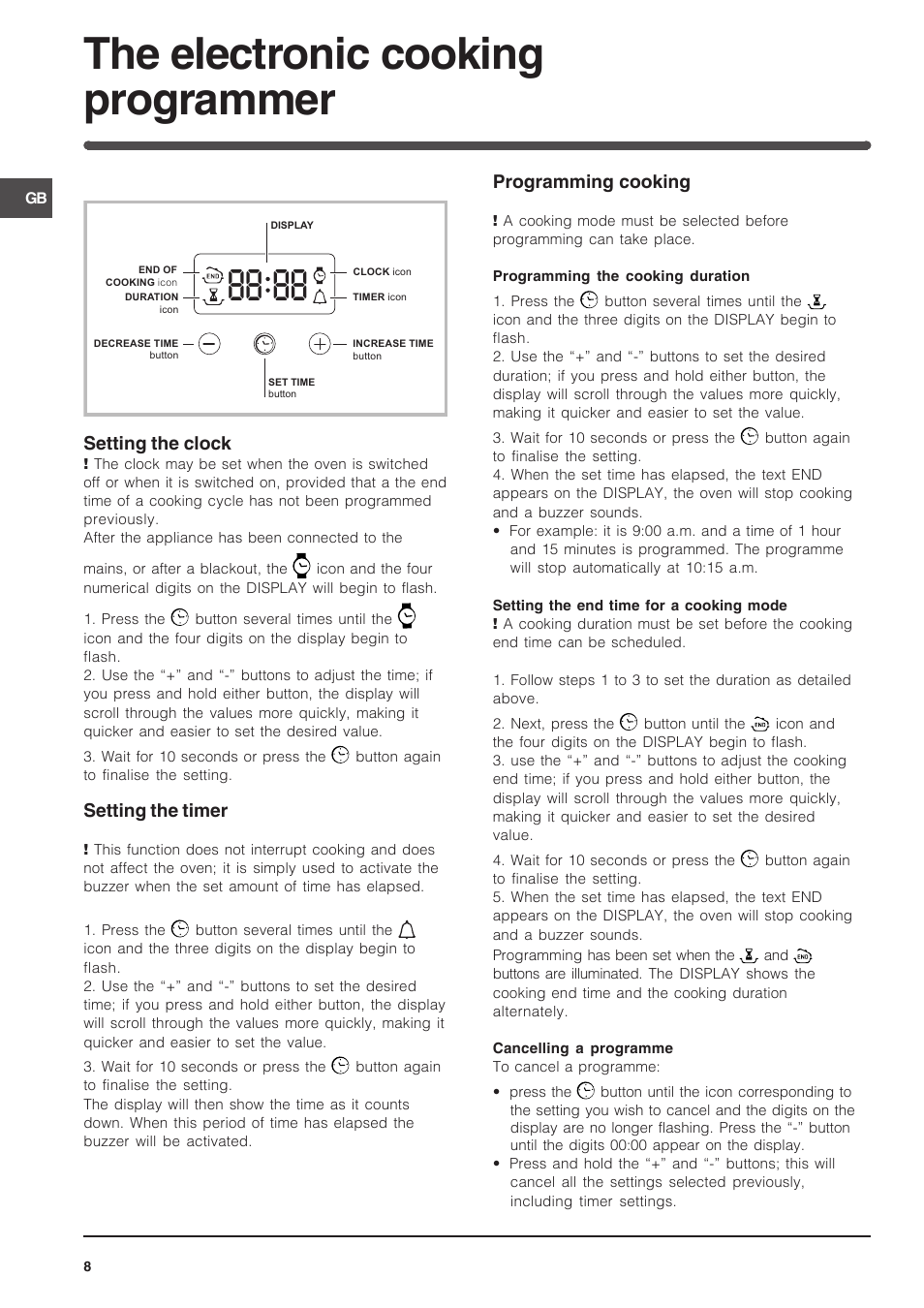 The electronic cooking programmer | Indesit 7OFIMS-53-K.A-IX User Manual | Page 8 / 20