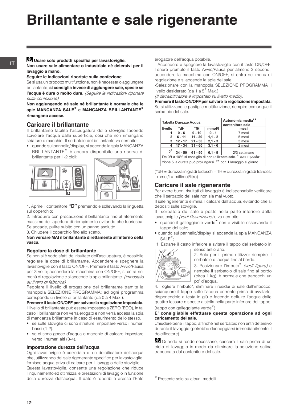 Brillantante e sale rigenerante, Caricare il brillantante, Caricare il sale rigenerante | Indesit DFP-27B1-A-EU User Manual | Page 12 / 60