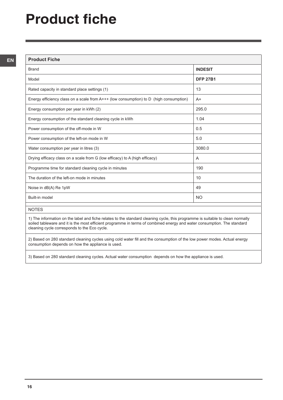 Product fiche | Indesit DFP-27B1-A-EU User Manual | Page 16 / 60