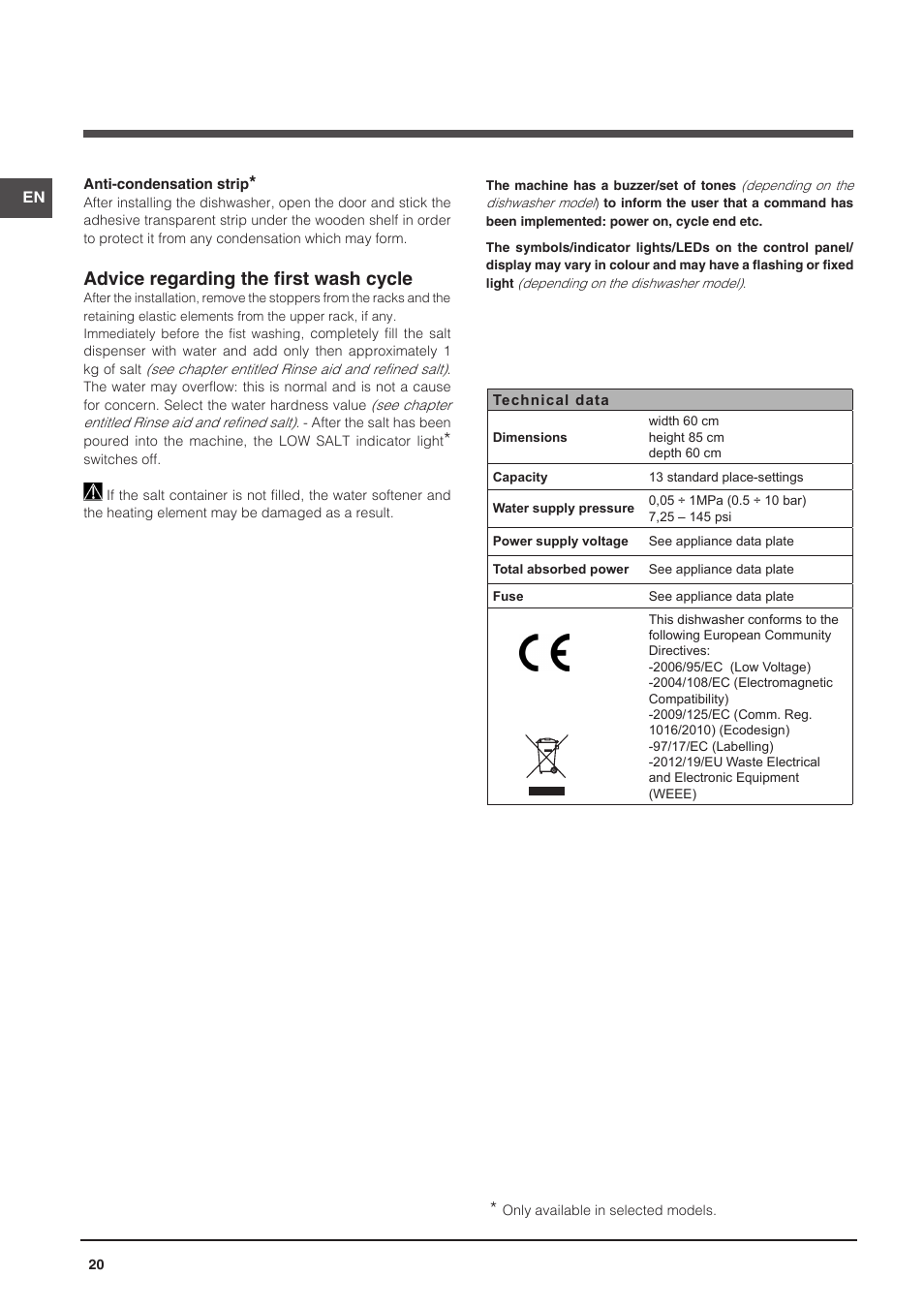 Advice regarding the first wash cycle | Indesit DFP-27B1-A-EU User Manual | Page 20 / 60