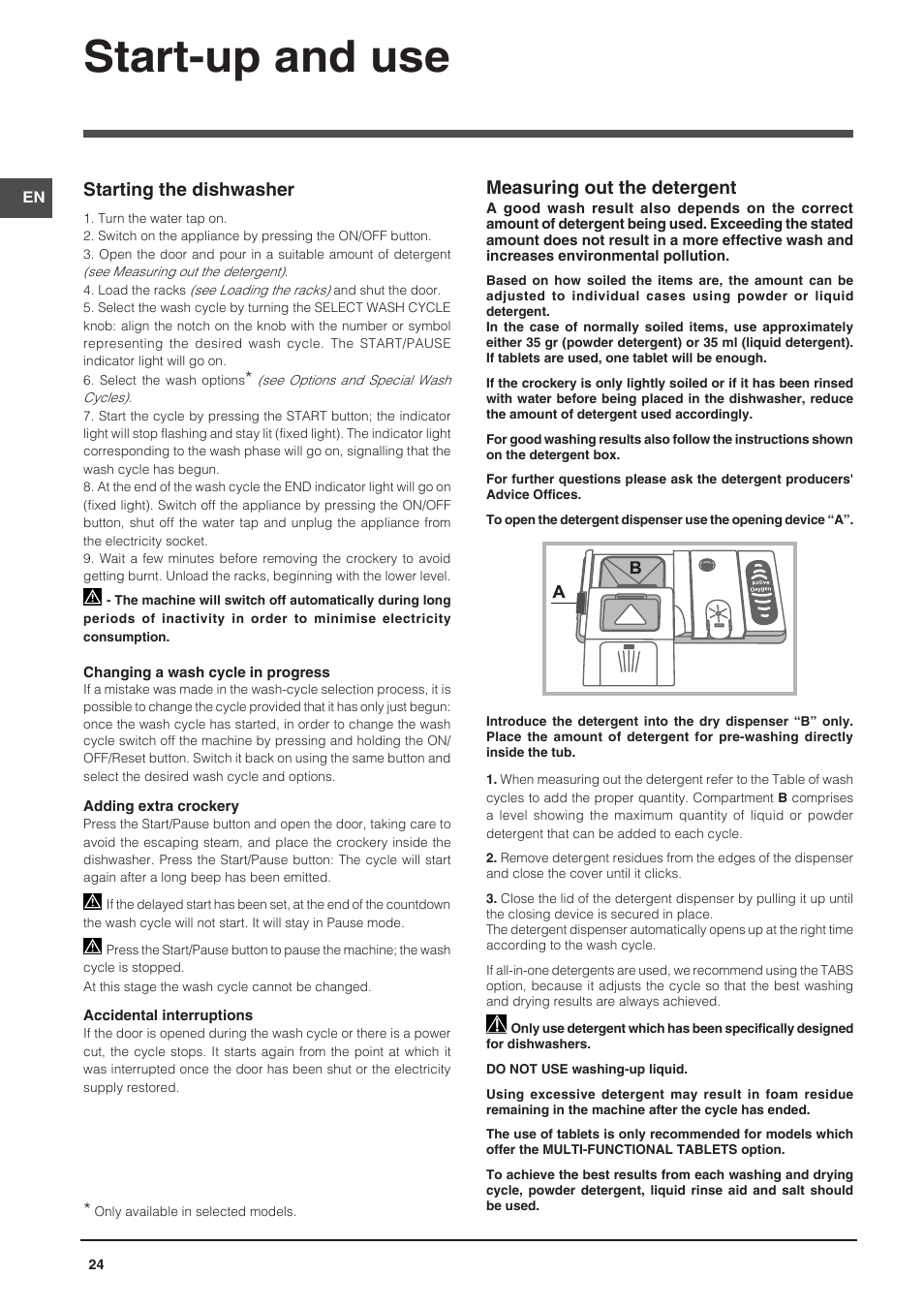 Start-up and use, Measuring out the detergent, Starting the dishwasher | Indesit DFP-27B1-A-EU User Manual | Page 24 / 60