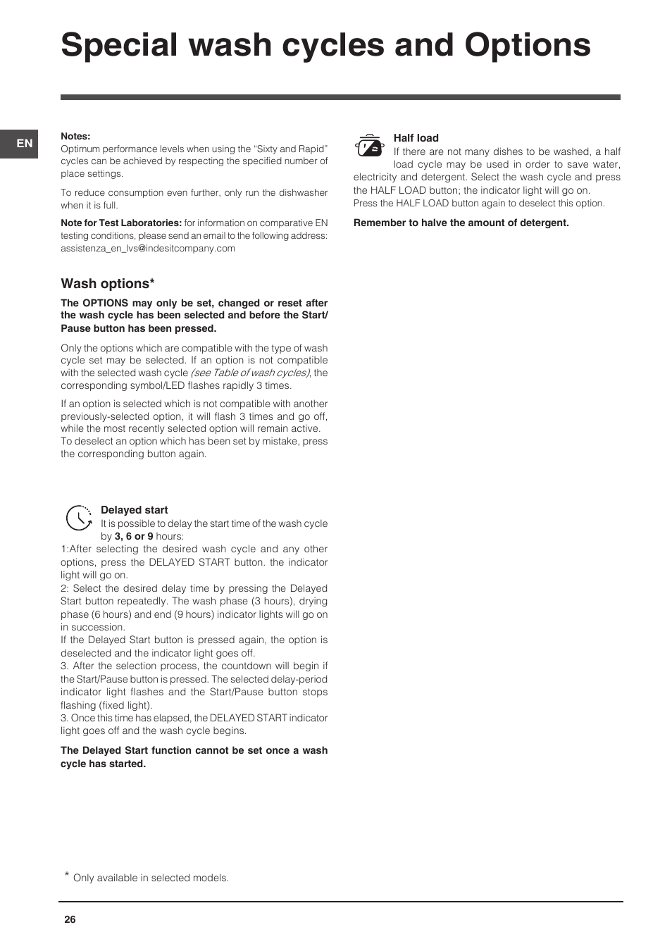 Special wash cycles and options | Indesit DFP-27B1-A-EU User Manual | Page 26 / 60