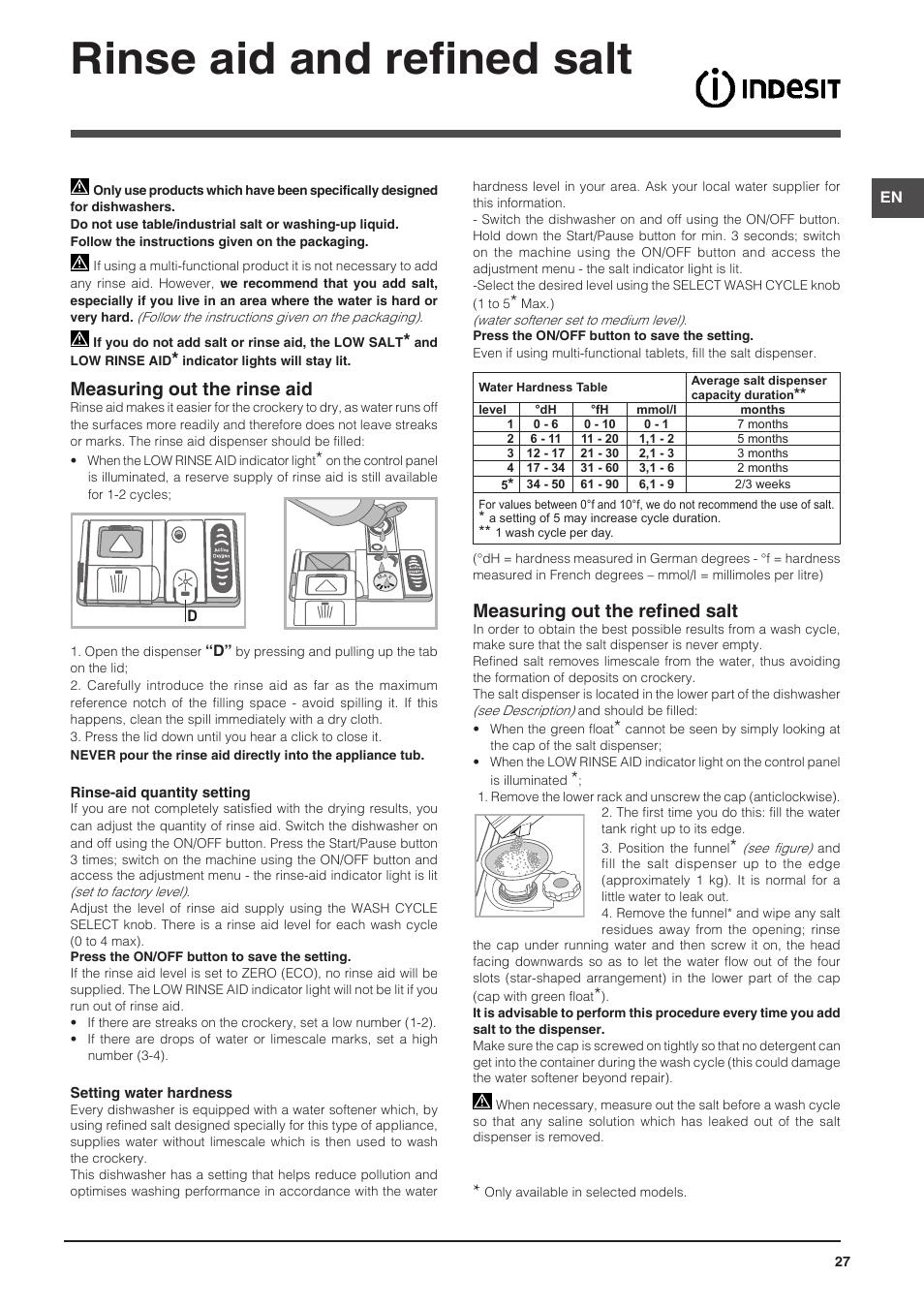 Rinse aid and refined salt, Measuring out the rinse aid, Measuring out the refined salt | Indesit DFP-27B1-A-EU User Manual | Page 27 / 60