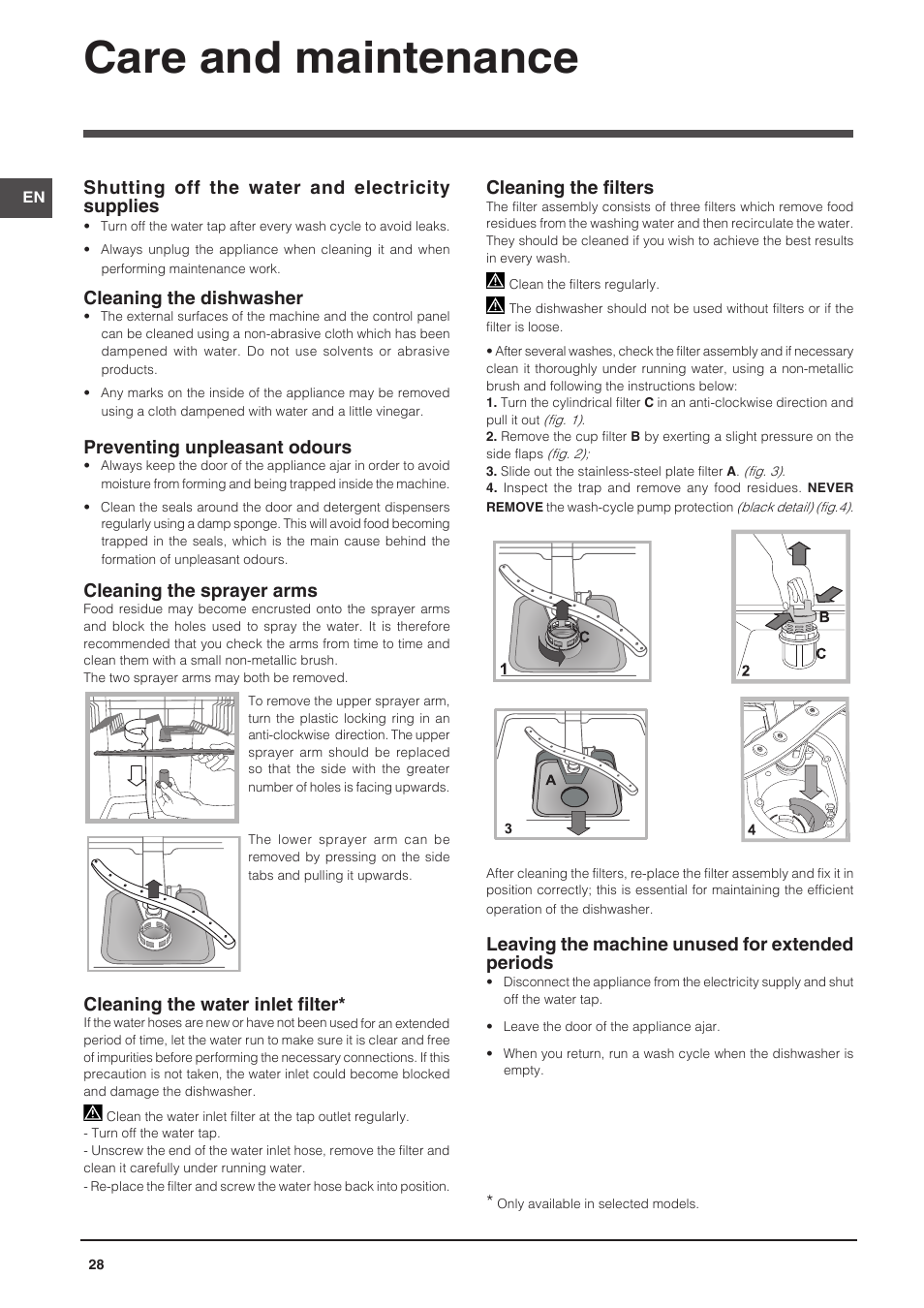 Care and maintenance, Shutting off the water and electricity supplies, Cleaning the dishwasher | Preventing unpleasant odours, Cleaning the sprayer arms, Cleaning the water inlet filter, Cleaning the filters, Leaving the machine unused for extended periods | Indesit DFP-27B1-A-EU User Manual | Page 28 / 60