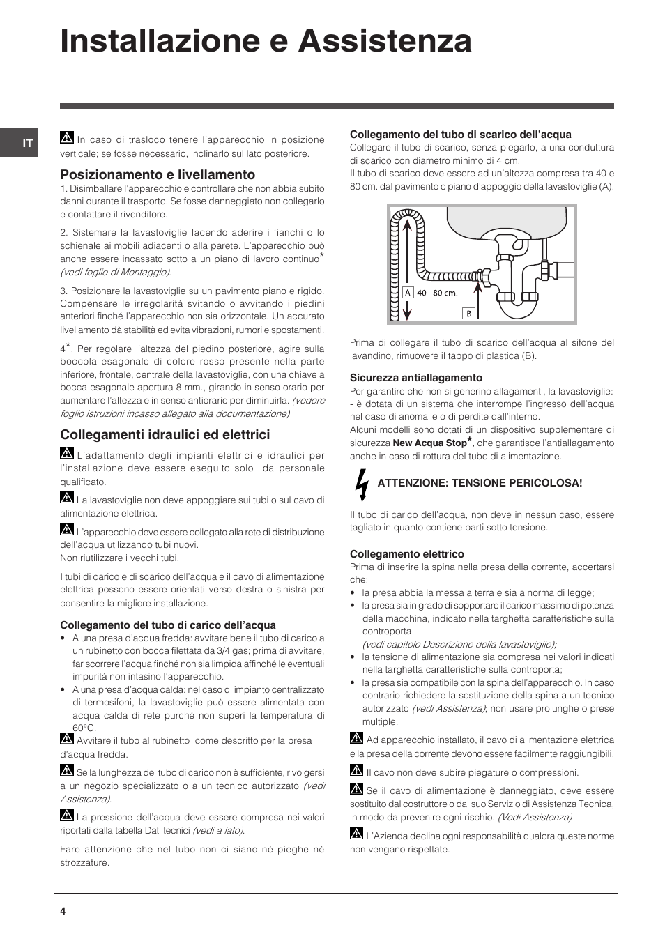 Installazione e assistenza, Posizionamento e livellamento, Collegamenti idraulici ed elettrici | Indesit DFP-27B1-A-EU User Manual | Page 4 / 60