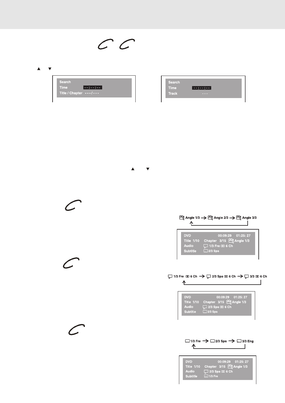 Special functions, Locating a specific time, Angle setting | Audio setting, Subtitle setting | Audiovox DVD Home Theater System User Manual | Page 24 / 41