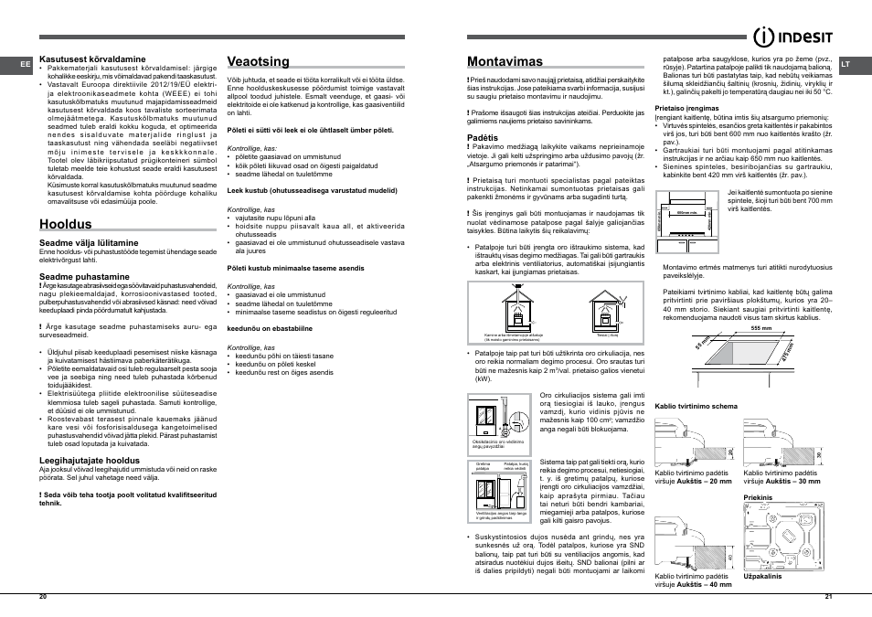 Hooldus, Veaotsing, Montavimas | Hooldus,20, Veaotsing,20, Montavimas,21 | Indesit PIM-640-AS-(IX)-(EE) User Manual | Page 11 / 21