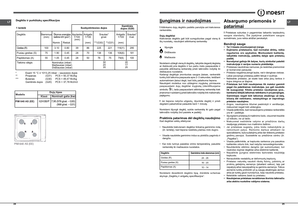 Įjungimas ir naudojimas, Atsargumo priemonės ir patarimai, Įjungimas ir naudojimas,25 | Atsargumo priemonės ir patarimai,25 | Indesit PIM-640-AS-(IX)-(EE) User Manual | Page 13 / 21