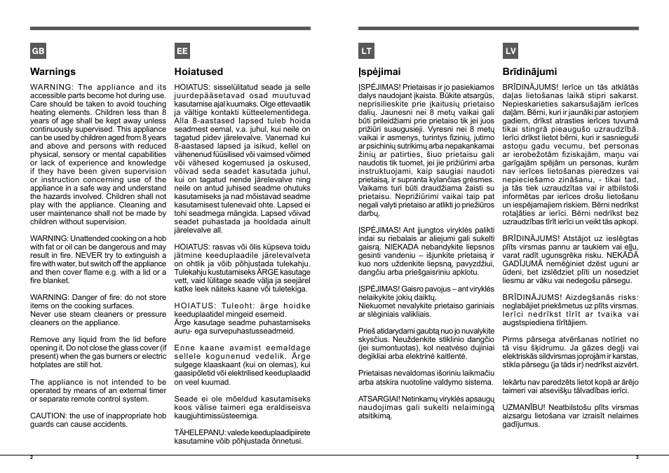 Warnings, Hoiatused, Įspėjimai | Brīdinājumi, Warnings,2, Hoiatused,2, Įspėjimai,3, Brīdinājumi,3 | Indesit PIM-640-AS-(IX)-(EE) User Manual | Page 2 / 21